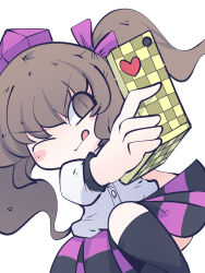 Rule 34 | 1girl, black socks, blush stickers, brown eyes, brown hair, chahan (fried rice0614), checkered clothes, checkered skirt, closed mouth, hat, highres, himekaidou hatate, holding, holding phone, kneehighs, long hair, one-hour drawing challenge, one eye closed, phone, puffy short sleeves, puffy sleeves, purple hat, shirt, short sleeves, simple background, skirt, smile, socks, solo, tokin hat, tongue, tongue out, touhou, white background, white shirt