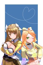Rule 34 | 2girls, abs, absurdres, belt, blue background, blush, bow, breasts, brown eyes, brown hair, cleavage, commentary request, corset, crop top, etie (fire emblem), fire emblem, fire emblem engage, gloves, goldmary (fire emblem), green bow, green eyes, green shirt, hair bow, hair ribbon, heart, heart of string, highres, large breasts, long hair, long sleeves, looking at viewer, midriff, mu tu bu, multiple girls, navel, nintendo, orange hair, ribbon, shirt, skirt, smile, stomach, tiara, upper body, white gloves, white ribbon, yellow skirt