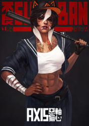Rule 34 | 1girl, abs, absurdres, bandaged arm, bandages, bandaid, bandaid on face, baseball bat, baseball cap, belt, black hair, black nails, breasts, chain, character name, cigarette, commentary, dark-skinned female, dark skin, delinquent, english commentary, facial mark, fingerless gloves, freckles, gloves, hair between eyes, hand on own hip, hat, hat with ears, highres, jacket, lips, midriff, monori rogue, mouth hold, multicolored hair, nail polish, navel, open clothes, original, paid reward available, pants, red eyes, paid reward available, school uniform, shirt, short hair, short sleeves, single glove, solo, stomach, sukeban, tattoo, toned, translation request, weapon, white hair, white shirt