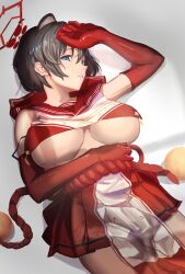 Rule 34 | 1girl, 200-ko no chikara, absurdres, animal ears, black hair, blue archive, blue eyes, breasts, cowboy shot, elbow gloves, gloves, halo, highres, large breasts, lying, on back, open mouth, pleated skirt, red gloves, red halo, red sailor collar, red skirt, rope, sailor collar, short hair, skirt, solo, tsubaki (blue archive), underboob