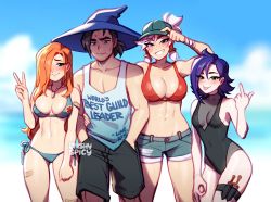 Rule 34 | 1boy, 3girls, :p, abs, bandaid, bandaid on leg, bare shoulders, bikini, black hair, black one-piece swimsuit, blue bikini, blue eyes, blue sky, blush, blushyspicy, breasts, character request, cleavage, closed mouth, cloud, cloudy sky, collarbone, commentary, cross, day, denim, denim shorts, english commentary, facial hair, green eyes, green headwear, grey shorts, hair between eyes, hair ornament, hair over one eye, hand in pocket, hat, jewelry, kaye (blushyspicy), knife, long hair, looking at viewer, medium breasts, medium hair, multiple girls, navel, one-piece swimsuit, orange hair, original, outdoors, pendant, purple eyes, purple hair, red (blushy-pixy), red bikini, rogue (spicyquest), shirt, short ponytail, short shorts, shorts, sidelocks, sky, sleeveless, sleeveless shirt, smile, standing, stomach, stubble, sunlight, sweat, swimsuit, thigh strap, tongue, tongue out, v, weapon, white hair, white shirt, witch hat