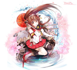 Rule 34 | 10s, 1girl, boots, brown eyes, brown hair, character name, cherry blossoms, hair ornament, highres, kantai collection, long hair, looking at viewer, makuwauri, oil-paper umbrella, personification, ponytail, solo, umbrella, water, yamato (kancolle)