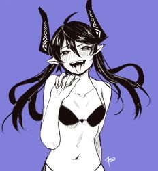 Rule 34 | 1girl, arm behind back, bare shoulders, blue background, blue bag, blush, collarbone, demon girl, demon horns, fingernails, frenchvanillu, greyscale, greyscale with colored background, hair between eyes, hatching (texture), highres, horns, leviathan (7sukasa), long hair, monochrome, navel, open mouth, original, pointy ears, signature, simple background, smile, solo, teeth, tongue, tongue out, twintails