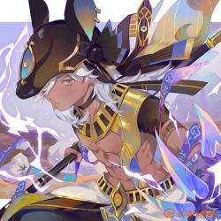 Rule 34 | 1boy, artist name, bishounen, closed mouth, cowboy shot, cwilocky, cyno (genshin impact), dark-skinned male, dark skin, egyptian clothes, electricity, genshin impact, hair over one eye, holding, holding staff, male focus, midriff, orange eyes, outdoors, short hair, solo, staff, toned, toned male, twitter username, white hair