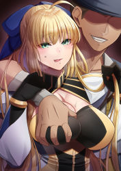 Rule 34 | 1boy, 1girl, artoria caster (fate), artoria caster (third ascension) (fate), artoria pendragon (fate), bandaged arm, bandages, bandana, black dress, black gloves, blonde hair, blue ribbon, blush, bracelet, breasts, center opening, cleavage, collarbone, dress, faceless, faceless male, fate/grand order, fate (series), gloves, grabbing, grabbing another&#039;s breast, grabbing from behind, green eyes, hair ribbon, highres, jewelry, large breasts, looking at viewer, multicolored clothes, multicolored dress, netorare, pirate, ribbon, smile, teeth, tongue, tongue out, white dress, yellow dress