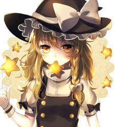 Rule 34 | 1girl, abandon ranka, beige background, black bow, black dress, black hat, blonde hair, blush, bow, braid, buttons, close-up, dress, eyelashes, frills, hair bow, hat, hat bow, highres, kirisame marisa, looking at viewer, mouth hold, pointing, pointing up, puffy short sleeves, puffy sleeves, shirt, short sleeves, simple background, single braid, solo, star (symbol), touhou, tsurime, turtleneck, white bow, white shirt, witch hat, wrist cuffs, yellow eyes