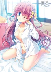 Rule 34 | 1girl, ahoge, asamiya himari, barefoot, bed sheet, blue eyes, blush, bow, braid, breasts, buttons, cleavage, closed mouth, collarbone, d.s. -dal segno-, feet, female focus, fingernails, french braid, highres, indoors, light particles, long hair, long sleeves, looking at viewer, medium breasts, naked shirt, navel, official art, one eye closed, open clothes, open shirt, pillow, pink hair, shirt, sitting, smile, solo, tanihara natsuki, white shirt, window, yellow bow