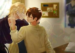 Rule 34 | 2boys, ange yuki, blonde hair, blurry, blurry background, book, bulletin board, chair, closed eyes, facing another, guiltia brion, hand on another&#039;s head, imminent kiss, indoors, leaning forward, lens flare, long sleeves, male focus, multiple boys, open book, short hair, sitting, sweater, veins, visual prison, window, yakyou22, yaoi