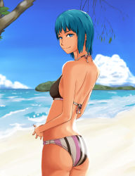 Rule 34 | 1girl, beach, bikini, blue eyes, blue hair, cloud, hands folded, looking at viewer, matching hair/eyes, shore, sky, smile, solo, solvalou, striped bikini, striped clothes, swimsuit, tree