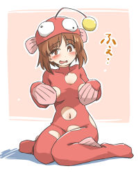 Rule 34 | 1girl, alternate costume, anglerfish, anglerfish costume, blush, bodysuit, breast cutout, breasts, brown eyes, brown hair, clothing cutout, commentary request, covering privates, covering breasts, emblem, fish, fish costume, fish hat, frown, girls und panzer, half-closed eye, looking at viewer, medium breasts, navel cutout, nishizumi miho, open mouth, pink bodysuit, pink headwear, short hair, sitting, solo, tewarusa, translated, wariza, wavy mouth