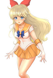 Rule 34 | 1girl, aino minako, bishoujo senshi sailor moon, blonde hair, blue eyes, bow, choker, collarbone, cowboy shot, elbow gloves, gloves, hair bow, half updo, highres, jewelry, long hair, magical girl, open mouth, red bow, sailor venus, short sleeves, simple background, skirt, solo, sonota taisei, standing, tiara, white background, white gloves