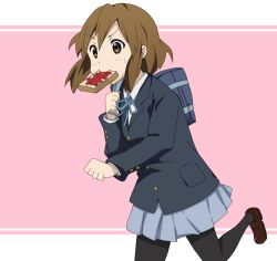 Rule 34 | 1girl, bag, black pantyhose, blazer, bread slice, brown eyes, brown hair, food, food in mouth, hair ornament, hairclip, hirasawa yui, jacket, k-on!, mouth hold, outside border, pantyhose, pleated skirt, running, school bag, school uniform, shizupu, short hair, skirt, solo, toast, toast in mouth