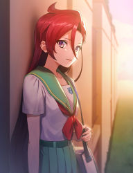 Rule 34 | 1girl, aozora middle school uniform, bag, blurry, blurry background, bow, collarbone, commentary request, green sailor collar, green skirt, hair between eyes, highres, long hair, looking at viewer, neckerchief, open mouth, outdoors, pleated skirt, precure, purple eyes, red bow, red hair, red neckerchief, sailor collar, school bag, school uniform, serafuku, shirt, short sleeves, shoulder bag, skirt, solo, takizawa asuka, tropical-rouge! precure, very long hair, white shirt, yuzu sato