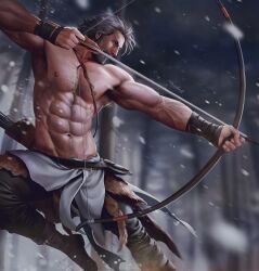 Rule 34 | 1boy, abs, aenaluck, aiming, arrow (projectile), artist name, bandaged arm, bandages, bara, beard, black pants, boots, bow (weapon), day, facial hair, grey hair, highres, holding, holding bow (weapon), holding weapon, large pectorals, male focus, master (aenaluck), muscular, muscular male, navel, nipples, original, outdoors, pants, pectorals, short hair, snowing, solo, topless male, weapon