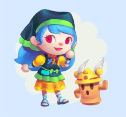 Rule 34 | 1girl, :d, animal crossing, animated, animated gif, apron, arlmuffin, blue background, blue hair, commentary, dress, english commentary, gyroid, haniwa (statue), haniyasushin keiki, hard hat, head scarf, helmet, joutouguu mayumi, lloid (animal crossing), long hair, looking at viewer, magatama, magatama necklace, necklace, nintendo, open mouth, parody, puffy short sleeves, puffy sleeves, red eyes, ribbon, sandals, short sleeves, simple background, smile, standing, style parody, touhou, yellow dress