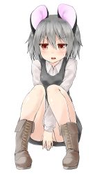 Rule 34 | &gt;:o, 1girl, :o, absurdres, animal ears, blush, boots, brown footwear, covering privates, covering crotch, cross-laced footwear, full body, grey hair, grey skirt, grey vest, hair between eyes, highres, knees up, lace-up boots, long sleeves, looking at viewer, mouse ears, nazrin, netamaru, parted lips, short hair, sitting, skirt, skirt set, solo, touhou, v-shaped eyebrows, v arms, vest