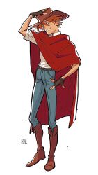 Rule 34 | 1boy, adjusting clothes, adjusting headwear, blue pants, boots, brown footwear, brown hat, cape, cowboy, cowboy boots, cowboy hat, denim, fingerless gloves, full body, gloves, hat, highres, humanization, jeans, looking at viewer, male focus, pants, red cape, robin hood (disney), robin hood (disney) (character), shirt, simple background, solo, uochandayo, western, white background, white shirt