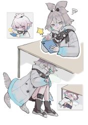 Rule 34 | &gt;:(, 1girl, arknights, black footwear, black skirt, blue hair, boots, closed mouth, commentary, covered mouth, frown, grey eyes, grey hair, grey jacket, hair between eyes, highres, holding, jacket, kirara (arknights), knees up, long sleeves, lying, mi (mituki wandoro), multicolored hair, multiple views, on side, pointy ears, puddle, puffy long sleeves, puffy sleeves, skirt, squiggle, symbol-only commentary, table, tears, tentacles, turn pale, two-tone hair, v-shaped eyebrows, white background