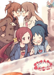 Rule 34 | 10s, 4girls, :d, ^ ^, alternate hairstyle, brown hair, cake, casual, christmas, closed eyes, coat, commentary, crossover, duffel coat, closed eyes, food, hanasaki tsubomi, hand on own cheek, hand on own face, heartcatch precure!, highres, houjou hibiki, jacket, kurumi erika, kyuri, minamino kanade, multiple girls, open clothes, open jacket, open mouth, pointing, ponytail, precure, profile, red eyes, red hair, shop, shopping, sketch, smile, suite precure, two side up