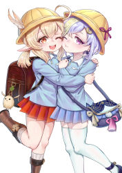 Rule 34 | 2girls, ;d, ;t, ahoge, ai hua hua de tianxian baobao, alternate costume, backpack, bag, bag charm, black footwear, blonde hair, blue shirt, blue skirt, blush, boots, brown footwear, charm (object), closed mouth, collared shirt, feathers, genshin impact, hair ornament, hat, hat feather, highres, hug, kindergarten uniform, klee (genshin impact), knee boots, kneehighs, long hair, low twintails, multiple girls, ofuda, one eye closed, open mouth, pleated skirt, pointy ears, purple eyes, purple hair, qiqi (genshin impact), red eyes, red skirt, ribbed legwear, school hat, shirt, shoes, shoulder bag, sidelocks, simple background, skirt, smile, socks, standing, standing on one leg, thighhighs, twintails, white background, white feathers, white legwear, white shirt, yellow headwear