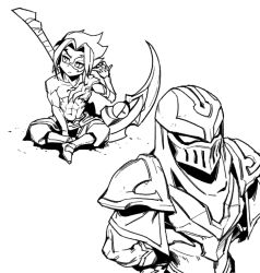 Rule 34 | 2boys, abs, armor, facial mark, grey background, greyscale, hood, hood up, kayn (league of legends), league of legends, mask, medium hair, monochrome, multiple boys, navel, pants, parted bangs, phantom ix row, scythe, shoes, shoulder armor, shoulder plates, simple background, sitting, standing, topless male, zed (league of legends)