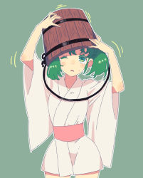 Rule 34 | 1girl, ;(, blush stickers, bucket, bucket on head, colored eyelashes, green background, green eyes, green hair, japanese clothes, jean (jean sp), kimono, kisume, obi, object on head, aged up, one eye closed, sash, short kimono, short twintails, simple background, solo, tears, touhou, twintails, wide sleeves