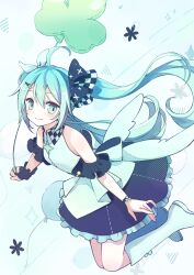 Rule 34 | 1girl, absurdres, ahoge, ai no material (vocaloid), back bow, balloon, blue eyes, blue hair, boots, bow, bracelet, hatsune miku, highres, jewelry, looking at viewer, more more jump! miku, nagitofuu, project sekai, smile, solo, vocaloid, white bow, white footwear