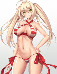 Rule 34 | 1girl, ahoge, arm at side, bikini, blonde hair, breasts, closed mouth, collarbone, cowboy shot, criss-cross halter, fate/grand order, fate (series), green eyes, groin, hair between eyes, hair intakes, halterneck, hand on own hip, highres, large breasts, legs apart, looking at viewer, lowleg, lowleg bikini, navel, nero claudius (fate), nero claudius (fate) (all), nero claudius (swimsuit caster) (fate), side-tie bikini bottom, smile, solo, stomach, striped bikini, striped clothes, swimsuit, takanashi-a, twintails