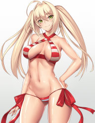 1girl ahoge arm_at_side bikini blonde_hair breasts closed_mouth collarbone cowboy_shot criss-cross_halter fate/grand_order fate_(series) female_focus green_eyes groin hair_between_eyes hair_intakes halterneck hand_on_own_hip highres large_breasts legs_apart looking_at_viewer lowleg lowleg_bikini navel nero_claudius_(fate) nero_claudius_(swimsuit_caster)_(fate) side-tie_bikini_bottom smile solo stomach striped_bikini striped_clothes swimsuit takanashi-a twintails