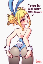 Rule 34 | 1girl, animal ears, animated, animated gif, artist name, ass, ass support, back, blonde hair, blunt bangs, blush, boku no hero academia, diives, double bun, english text, fake animal ears, from behind, hair bun, heart, highres, leotard, looking at viewer, looking back, nail polish, open mouth, playboy bunny, rabbit ears, rabbit tail, smile, solo, tail, toga himiko, wrist cuffs, yellow eyes