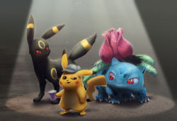 Rule 34 | brown eyes, claws, closed mouth, commentary request, creature, creatures (company), cup, deerstalker, detective pikachu, detective pikachu (character), detective pikachu (movie), full body, game freak, gen 1 pokemon, gen 2 pokemon, hat, clothed pokemon, highres, holding, holding cup, ivysaur, light, looking at another, looking at viewer, nintendo, no humans, pikachu, pokemon, pokemon (creature), red eyes, standing, ukata, umbreon