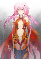 Rule 34 | 1girl, absurdres, bare shoulders, black thighhighs, breasts, breasts apart, center opening, cleavage, detached sleeves, elbow gloves, fingerless gloves, gloves, guilty crown, hair ornament, hairclip, highres, long hair, looking at viewer, navel, pink hair, red eyes, solo, sunhyun, thighhighs, twintails, yuzuriha inori