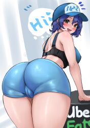 Rule 34 | 1girl, aqua shorts, ass, ass focus, baseball cap, blue hair, blush, brand name imitation, breasts, c (theta), cameltoe, cleft of venus, dark blue hair, english text, hat, heart, highres, idolmaster, idolmaster million live!, large breasts, leaning forward, looking at viewer, looking back, notice lines, shorts, smile, solo, spoken heart, thick thighs, thighs, toyokawa fuka, uber eats