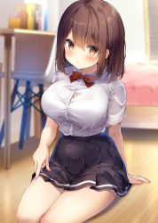 Rule 34 | 1girl, arm support, bed, bed sheet, black skirt, blush, book, bralines, breasts, brown hair, chair, closed mouth, collared shirt, commentary request, desk, highres, indoors, kino (kino konomi), large breasts, looking at viewer, medium hair, original, pleated skirt, red neckwear, school uniform, shirt, shirt tucked in, short sleeves, sidelocks, sitting, skirt, solo, thighs, uniform, white shirt, wooden floor
