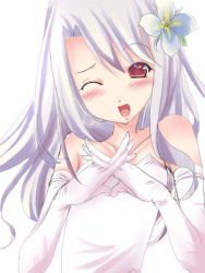 Rule 34 | 00s, 1girl, ;d, bare shoulders, blush, elbow gloves, fate/stay night, fate (series), flower, gloves, hair flower, hair ornament, illyasviel von einzbern, interlocked fingers, looking at viewer, one eye closed, open mouth, shiranagi, simple background, smile, solo, upper body, white background, white gloves
