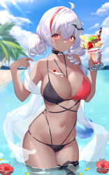 Rule 34 | 1girl, absurdres, ahoge, armpits, ball, bare shoulders, beach, beachball, between breasts, bikini, black bikini, black choker, braid, breasts, choker, cleavage, commission, day, double bun, fang, flower, hair bun, halterneck, hands up, hibiscus, highres, holding, kuroida, large breasts, leg tattoo, long hair, looking at viewer, mole, mole under eye, multi-strapped bikini, multicolored hair, navel, original, outdoors, parfait, pointy ears, red bikini, red eyes, red flower, shawl, skindentation, smile, solo, standing, stomach, streaked hair, string bikini, sunlight, swimsuit, tan, tattoo, thighs, two-tone bikini, wading, water, wet, white hair