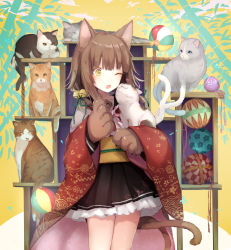 Rule 34 | 1girl, ;3, ;d, animal, animal ears, animal hands, ball, bell, black skirt, brown hair, cat, cat ears, cat girl, cat tail, commentary request, cowboy shot, frilled skirt, frills, green ribbon, hair bell, hair ornament, hair ribbon, japanese clothes, jingle bell, kimono, long hair, long sleeves, looking at another, multiple tails, nekomata, one eye closed, open clothes, open kimono, open mouth, original, pleated skirt, print kimono, red kimono, ribbon, skirt, smile, solo, standing, suzumori uina, tail, temari ball, too many, too many cats, two tails, wide sleeves, yellow eyes