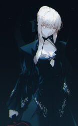 Rule 34 | 1girl, artoria pendragon (all), black dress, blonde hair, breasts, cleavage, dress, fate/stay night, fate (series), fov ps, long sleeves, looking at viewer, saber alter, solo, standing, yellow eyes