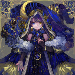 Rule 34 | 1girl, abstract background, bare shoulders, blonde hair, blue eyes, blue gemstone, bridal gauntlets, crescent, crescent moon, earrings, fur trim, gem, heterochromia, hyatsu, jewelry, long hair, looking at viewer, makeup, moon, multicolored hair, original, parted lips, patterned, patterned clothing, purple hair, solo, star (symbol), streaked hair, witch