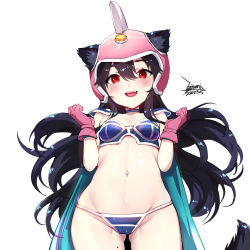 Rule 34 | 1girl, animal ears, black hair, blush, breasts, cape, chi-chi (dragon ball), chi-chi (dragon ball) (cosplay), commentary request, cosplay, dated, dragon ball, ejami, ekko (ejami), fangs, fox ears, fox girl, fox tail, gem, gloves, green cape, horns, long hair, looking at viewer, navel, pink gloves, pink helmet, red eyes, shoulder plates, signature, simple background, single horn, small breasts, smile, solo, tail, white background