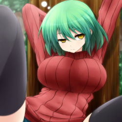 Rule 34 | 10s, 1girl, arm behind head, arm up, arms behind head, black thighhighs, breasts, closed mouth, female focus, green hair, hair between eyes, highres, hikage (senran kagura), large breasts, legs apart, long sleeves, looking at viewer, red sweater, ribbed sweater, senran kagura, short hair, sitting, slit pupils, solo, spread legs, sweater, thighhighs, tree, turtleneck, turtleneck sweater, watarui, yellow eyes