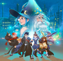 Rule 34 | 3boys, 5girls, albus dumbledore, beard, black hair, blonde hair, blue eyes, blue hair, book, boots, brown hair, castle, choker, clenched teeth, closed mouth, coat, crossover, earrings, facial hair, freckles, full body, glasses, hair over one eye, hairband, harry potter, harry potter (series), hat, hermione granger, jewelry, kagari atsuko, little witch academia, long hair, long sleeves, looking at viewer, lotte jansson, mary janes, multiple boys, multiple girls, mushroom, necktie, open mouth, pants, pardoart, pleated skirt, portrait, purple hair, red eyes, red hair, ron weasley, scar, scarf, school uniform, shoes, short hair, short ponytail, skirt, smile, socks, staff, standing, sucy manbavaran, teeth, thighs, ursula callistis, wand, wavy hair, white hair, white legwear, witch hat, wizard hat, wizarding world