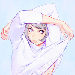 Rule 34 | 1girl, bad id, bad tumblr id, black hair, blue eyes, clothes lift, ilya kuvshinov, lifted by self, looking at viewer, short hair, solo, sweater, sweater lift, undressing