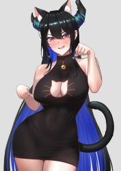 Rule 34 | 1girl, animal ears, asymmetrical horns, black dress, black hair, blue hair, breasts, cat cutout, cat ears, cat girl, cat tail, cipher4109, cleavage cutout, clothing cutout, colored inner hair, demon girl, demon horns, dress, hair ornament, highres, hololive, hololive english, horns, kemonomimi mode, large breasts, long hair, looking at viewer, mole, mole under eye, multicolored hair, nerissa ravencroft, paw pose, smile, solo, tail, two-tone hair, uneven horns, virtual youtuber