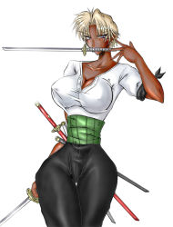 Rule 34 | bleach, breasts, cleavage, cosplay, dark skin, large breasts, one piece, roronoa zoro, short hair, sword, tier harribel, tight clothes, weapon