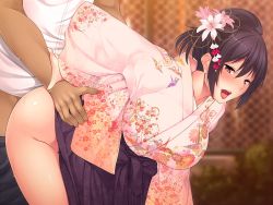 Rule 34 | 1girl, arm grab, bent over, blush, breasts, clothed sex, flower, game cg, hair flower, hair ornament, hair up, huge breasts, japanese clothes, kimono, legs, looking away, open mouth, ore no nioi wa hatsujou switch, purple hair, red eyes, saliva, sex, smile, solo focus, sweat, thighs, tomohiro kai, vaginal