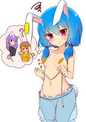 Rule 34 | 3girls, ?, animal ears, blonde hair, bloomers, blue hair, blush, breast envy, breasts, carrot, censored, commentary request, dango, food, groin, hat, highres, holding, inon, long hair, low twintails, multiple girls, navel, censored nipples, novelty censor, open mouth, purple hair, rabbit ears, rabbit tail, red eyes, reisen udongein inaba, ringo (touhou), see-through, seiran (touhou), simple background, small breasts, smile, tail, tape measure, topless, touhou, twintails, underwear, underwear only, wagashi, white background