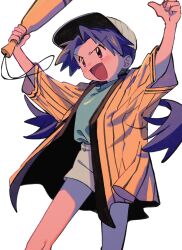 Rule 34 | 1girl, :d, arms up, baseball cap, casey (pokemon), commentary request, creatures (company), excited, eyelashes, game freak, green shirt, hat, highres, jacket, knees, long hair, nintendo, ok ko19, open clothes, open jacket, open mouth, pokemon, pokemon (anime), pokemon (classic anime), purple eyes, purple hair, shirt, shorts, simple background, smile, solo, thumbs up, twintails, white background, yellow jacket