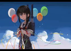 Rule 34 | 1girl, ahoge, balloon, black hair, black serafuku, black skirt, blue eyes, braid, commentary request, confetti, hair between eyes, hair over shoulder, highres, kantai collection, looking at viewer, neckerchief, necktie, one eye closed, open mouth, pleated skirt, red neckerchief, school uniform, serafuku, shigure (kancolle), single braid, skirt, smile, solo, sugue tettou