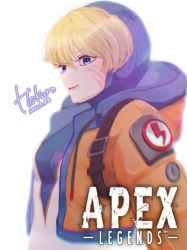 Rule 34 | 1girl, animification, apex legends, artist name, blonde hair, blue bodysuit, blue eyes, blue headwear, bodysuit, breasts, copyright name, dated, facial scar, from side, highres, hokuro56, hood, hooded bodysuit, hooded jacket, jacket, orange jacket, scar, scar on cheek, scar on face, small breasts, smile, solo, wattson (apex legends), white background, white bodysuit